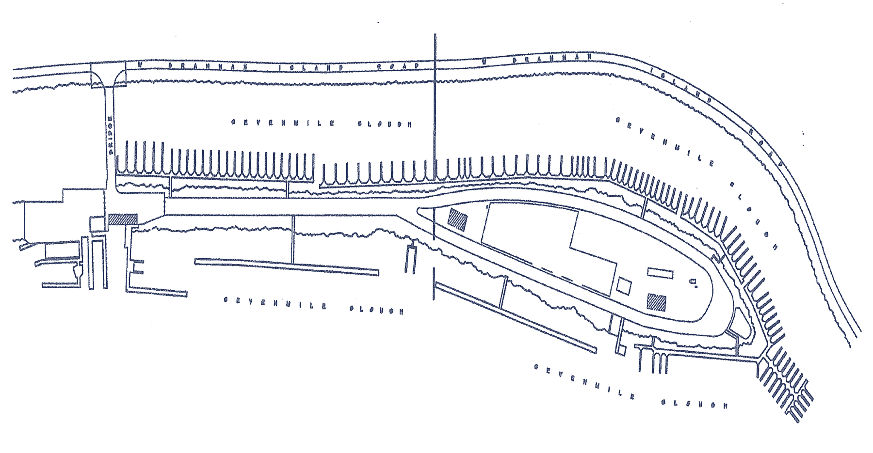 Hand-drawn plan of Brannan Island — docks on Sevenmile Slough, the launch ramp, and the camping island