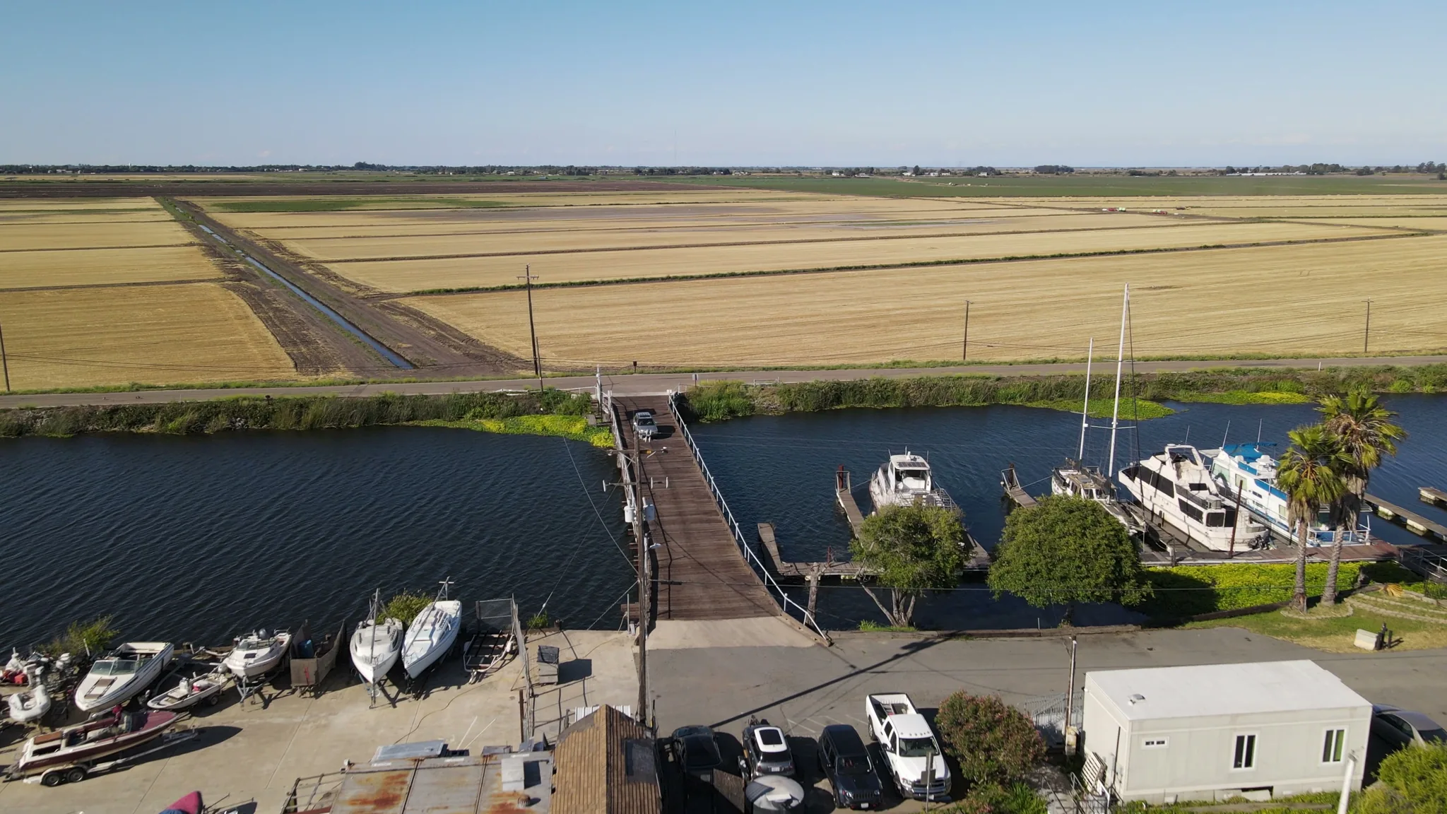 Aerial view of Brannan Island — boats, docks, bridge
