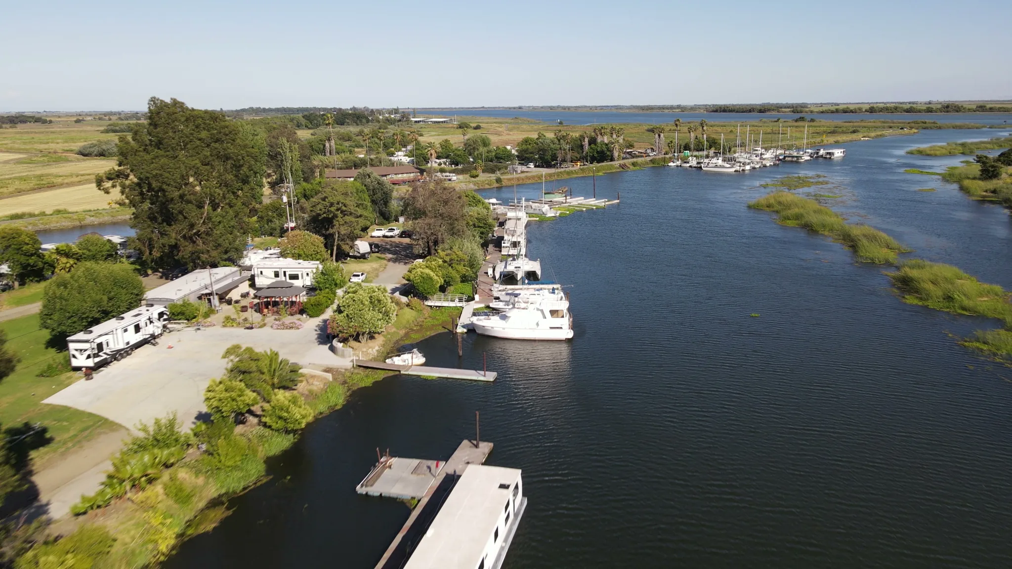 Aerial view of Brannan Island — boats, docks, waterfront