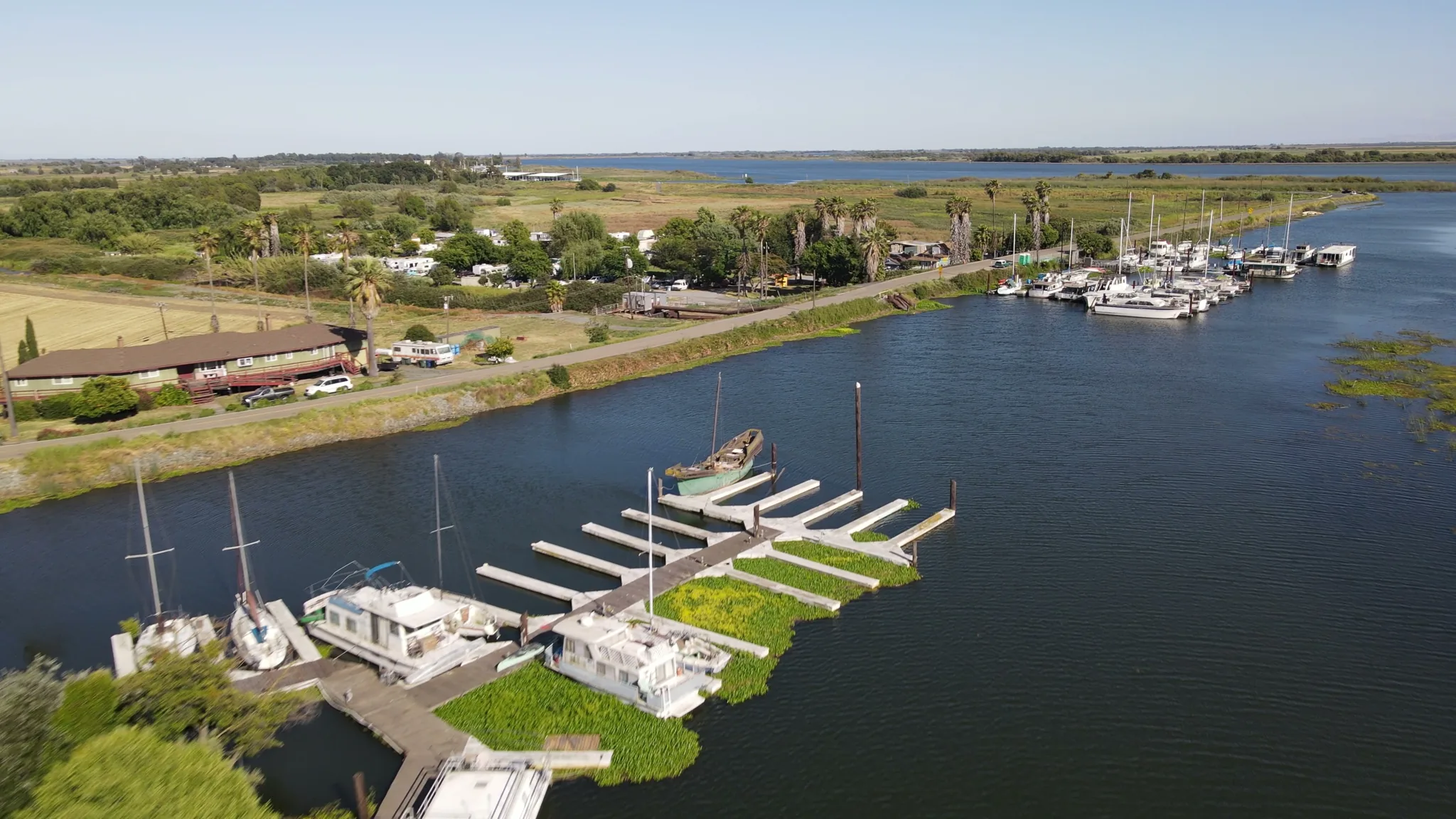 Aerial view of Brannan Island — docks, waterfront, marina