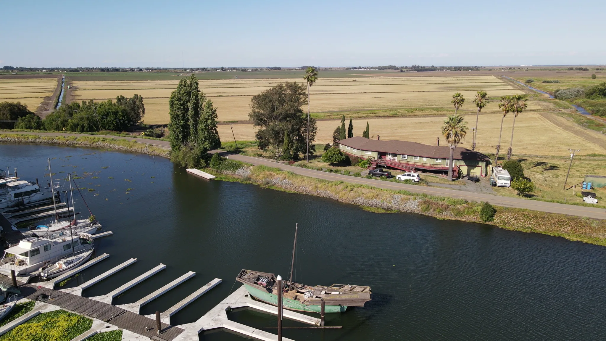 Aerial view of Brannan Island — campground, boats, docks