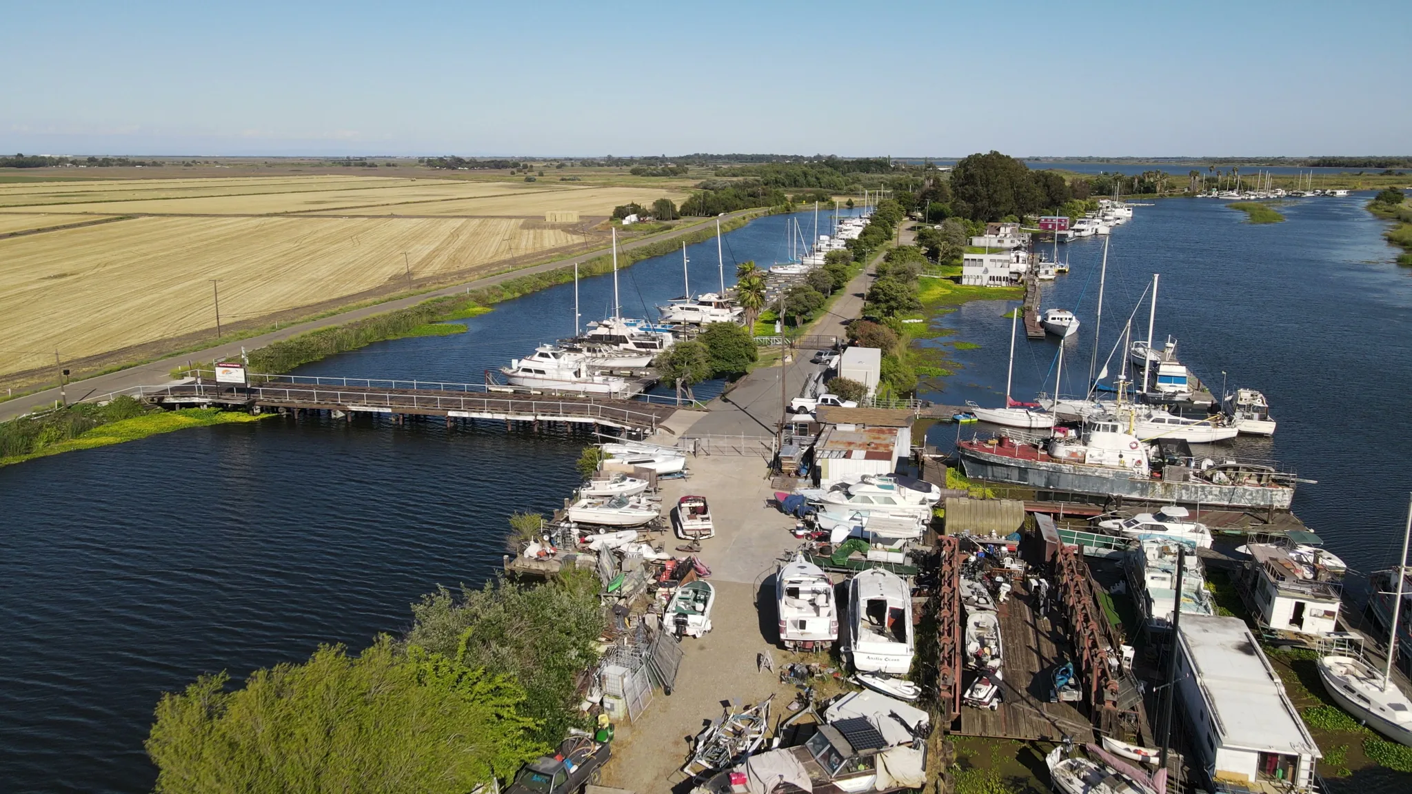 Aerial view of Brannan Island — docks, boats, waterfront