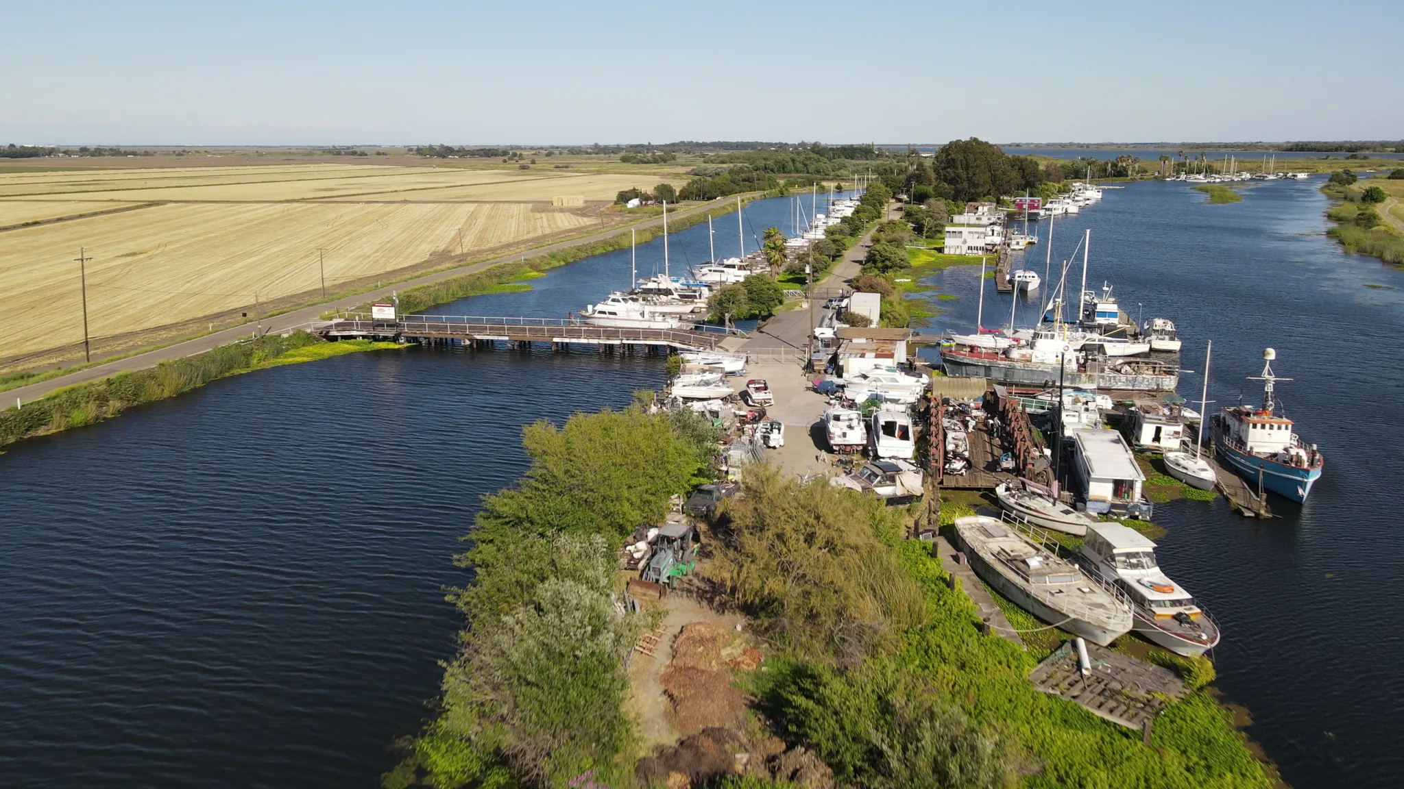 Aerial view of Brannan Island — docks, boats, waterfront