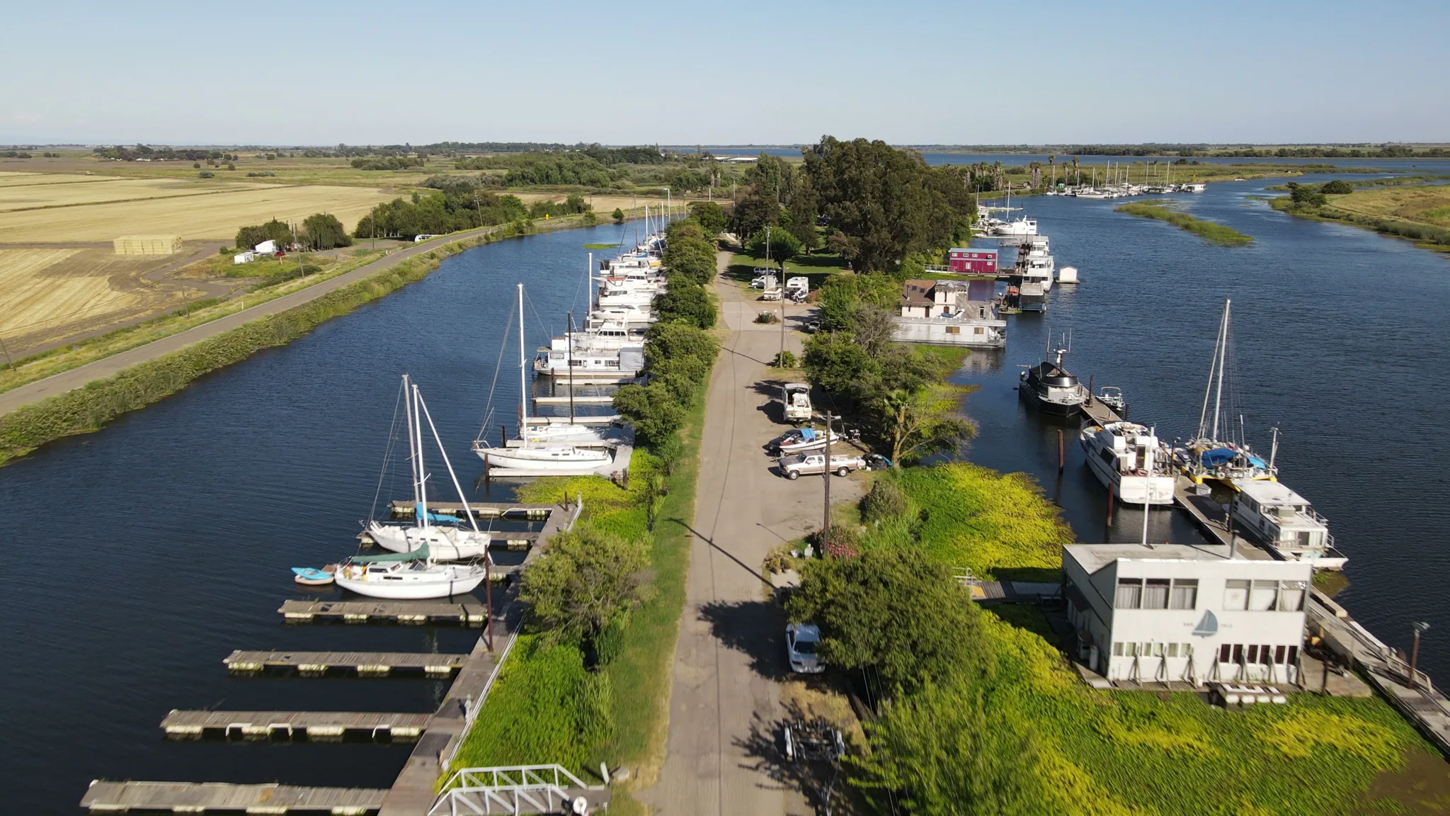 Aerial view of Brannan Island — boats, waterfront, marina