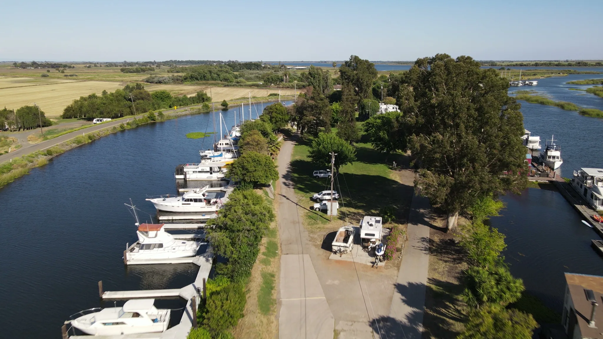 Aerial view of Brannan Island — boats, docks, marina