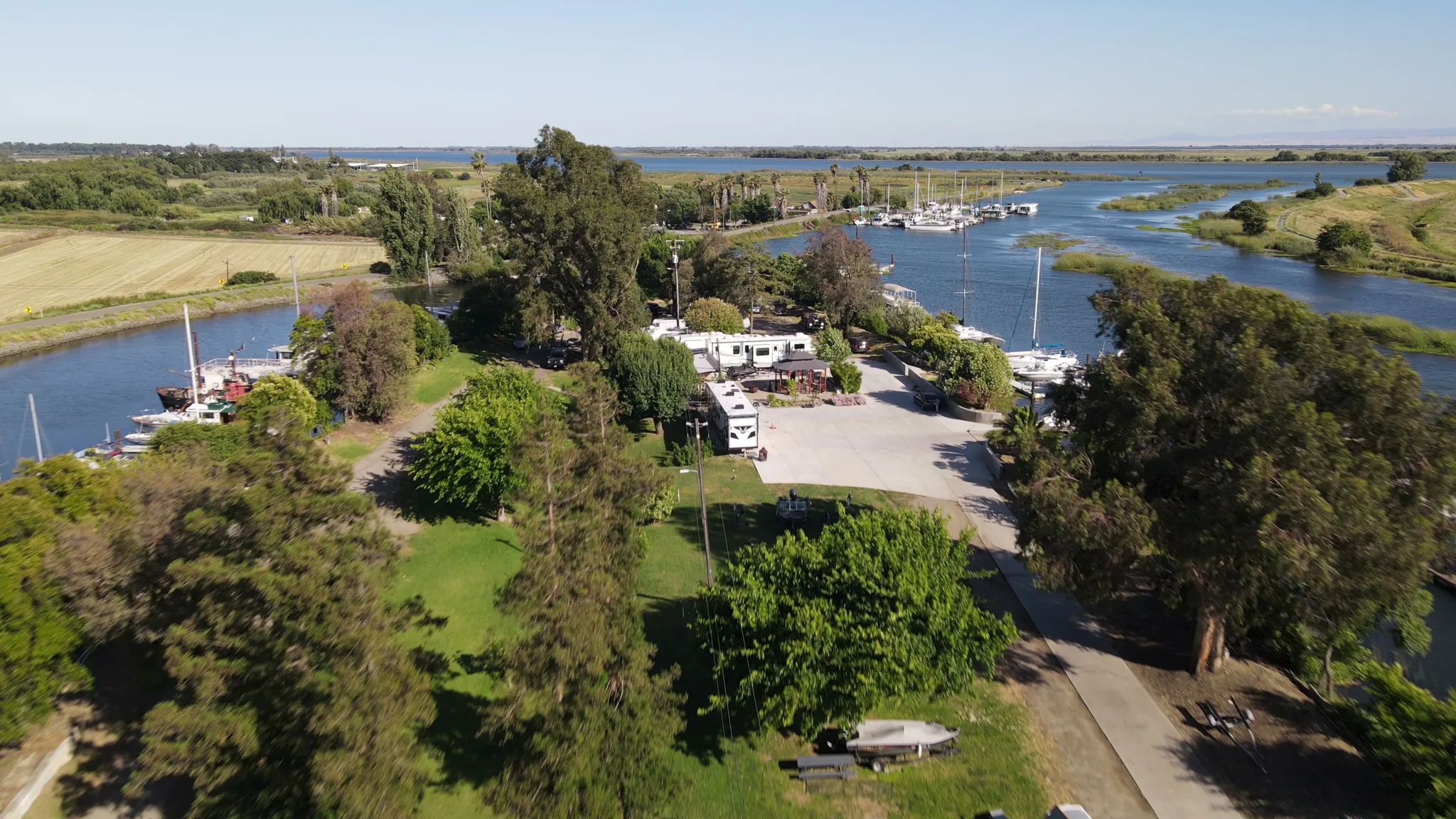 Aerial view of Brannan Island — campground, waterfront, marina