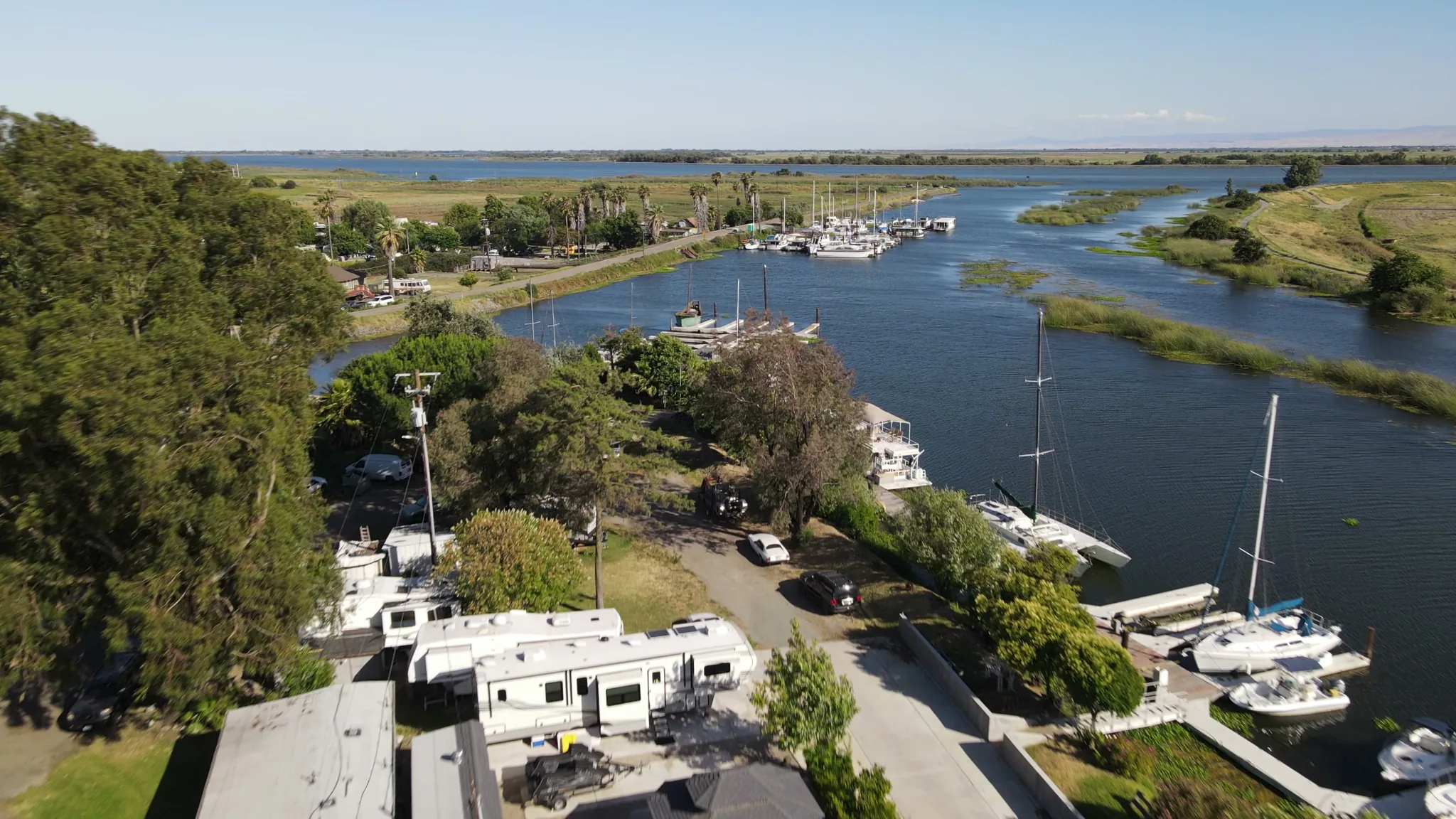Aerial view of Brannan Island — marina, campground, waterfront