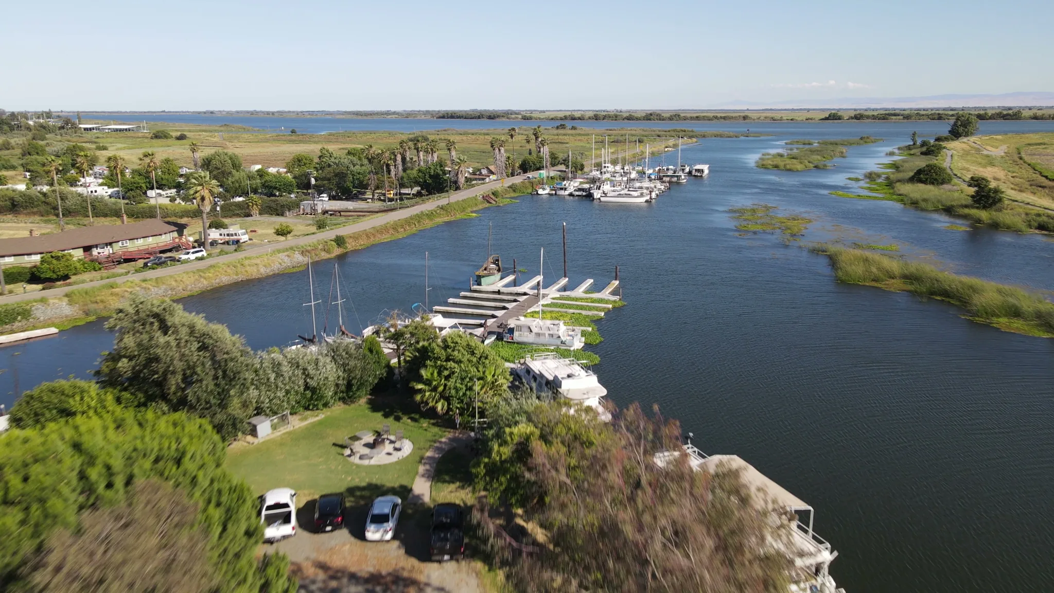 Aerial view of Brannan Island — boats, docks, marina