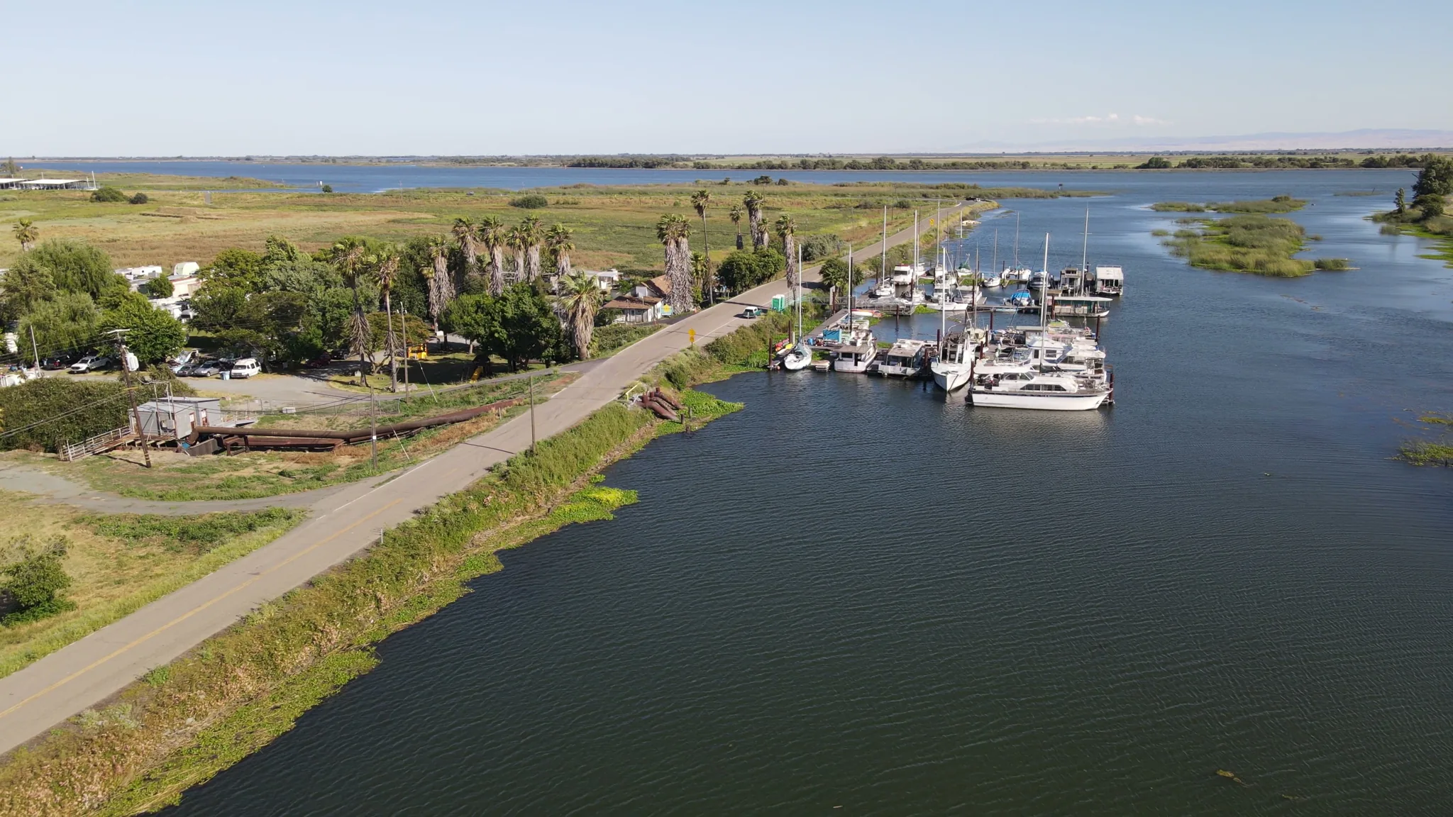 Aerial view of Brannan Island — marina, docks, waterfront