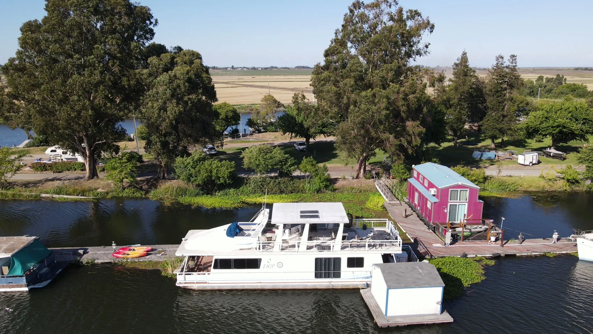 Aerial view of Brannan Island — campground, boats, docks