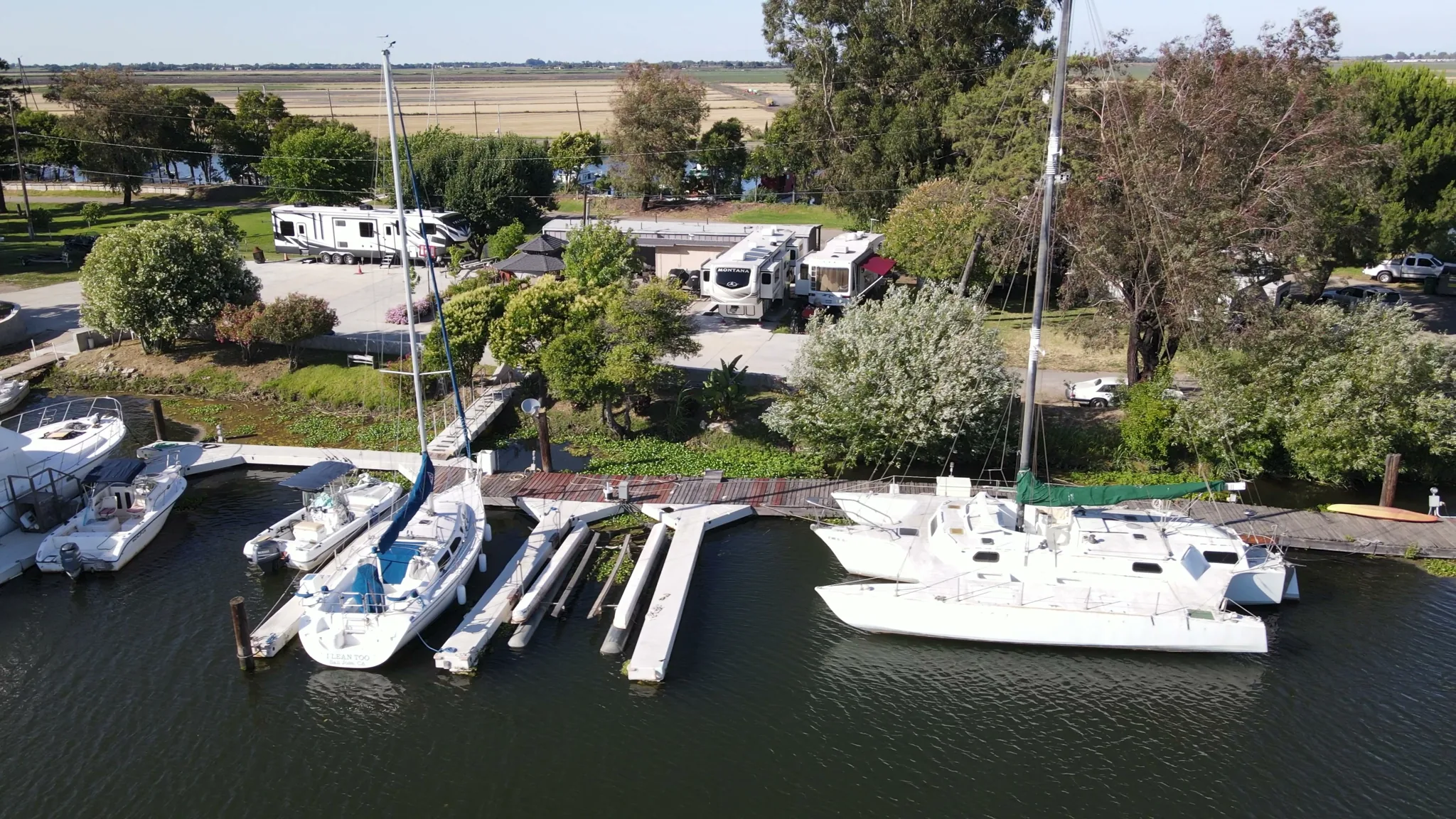 Aerial view of Brannan Island — boats, marina, docks