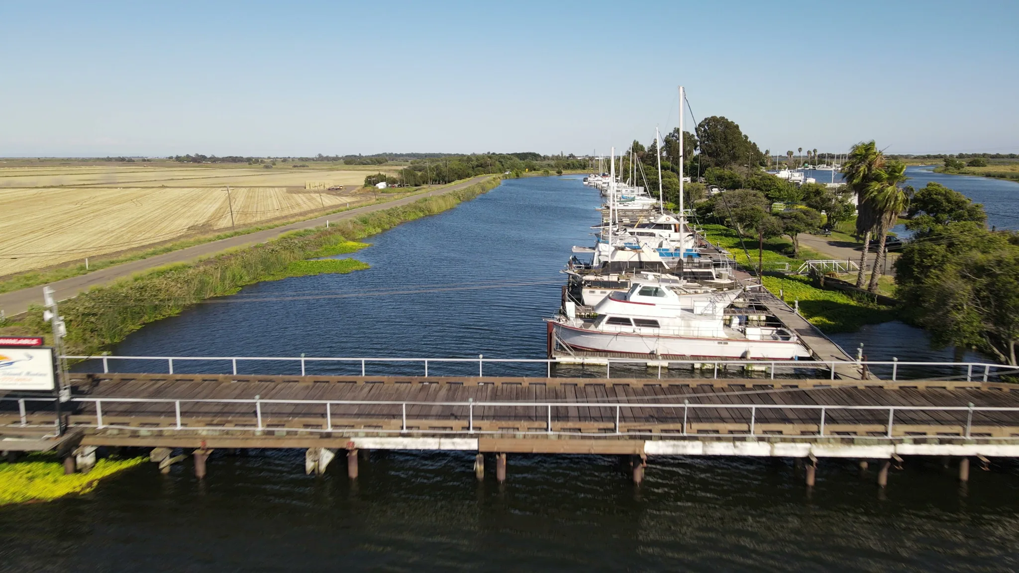 Aerial view of Brannan Island — boats, docks, marina