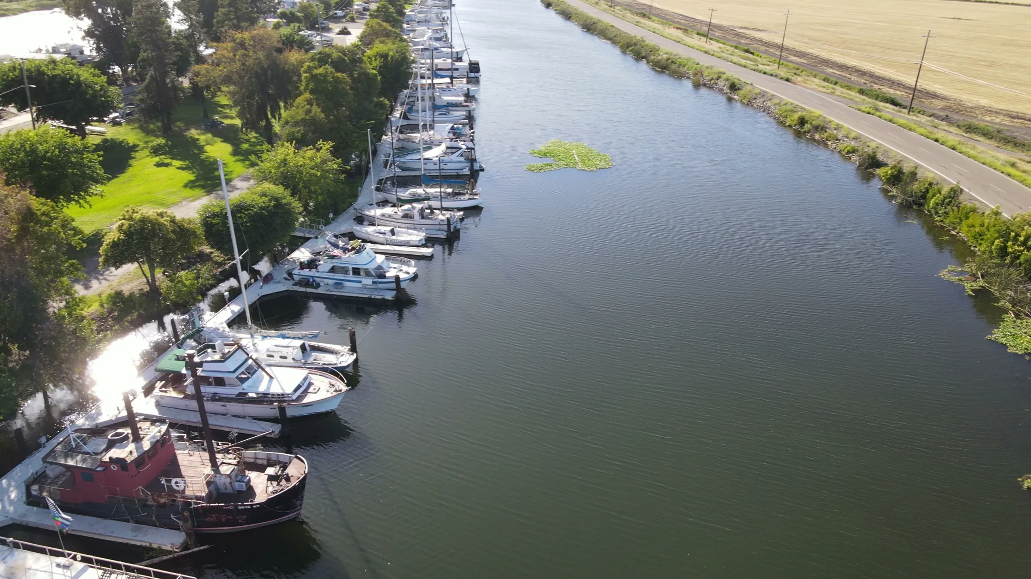 Aerial view of Brannan Island — boats, docks, marina