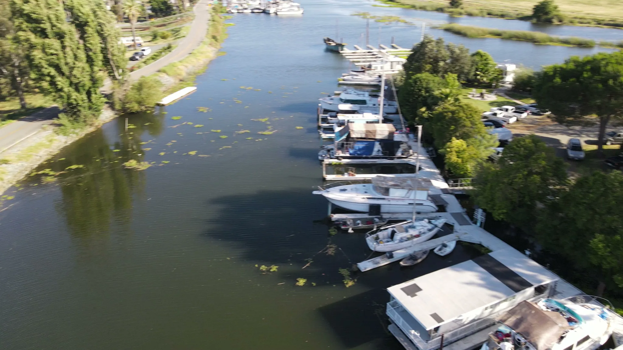 Aerial view of Brannan Island — boats, docks, marina