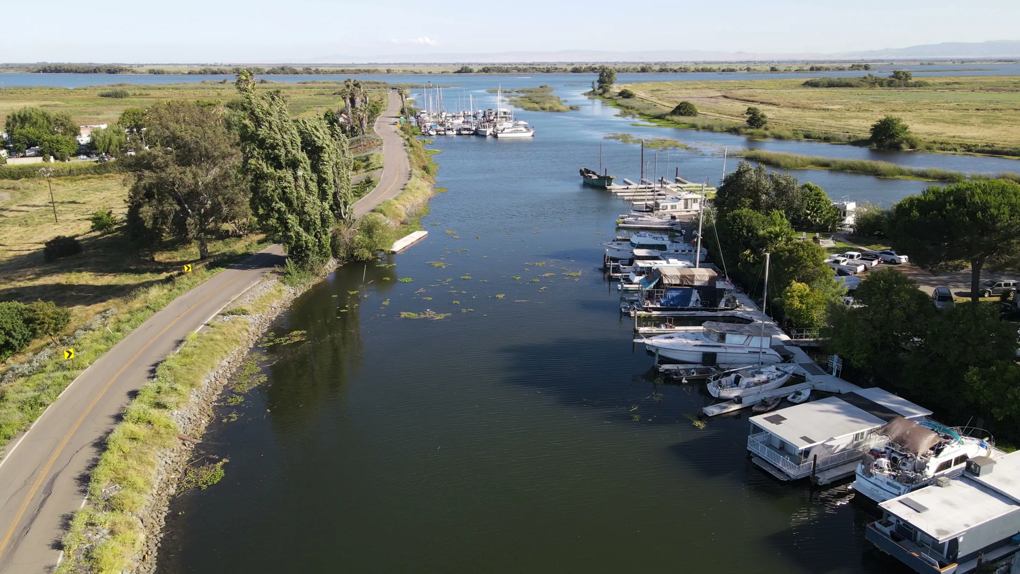 Aerial view of Brannan Island — boats, river, docks
