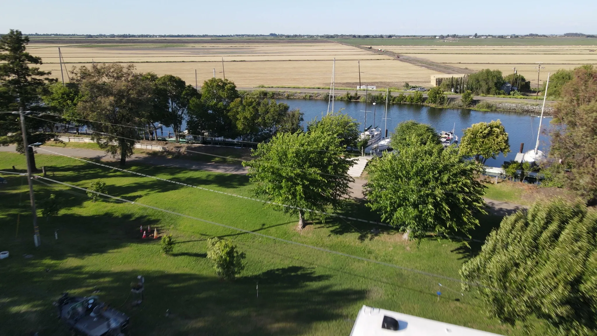 Aerial view of Brannan Island — campground, wetlands, river